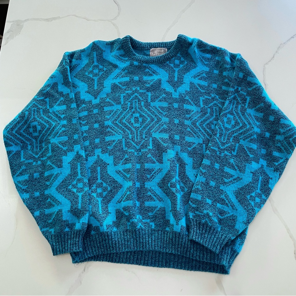 Vintage Le Tigre Blue Funky Geometric Print Knit Sweater, Size Large